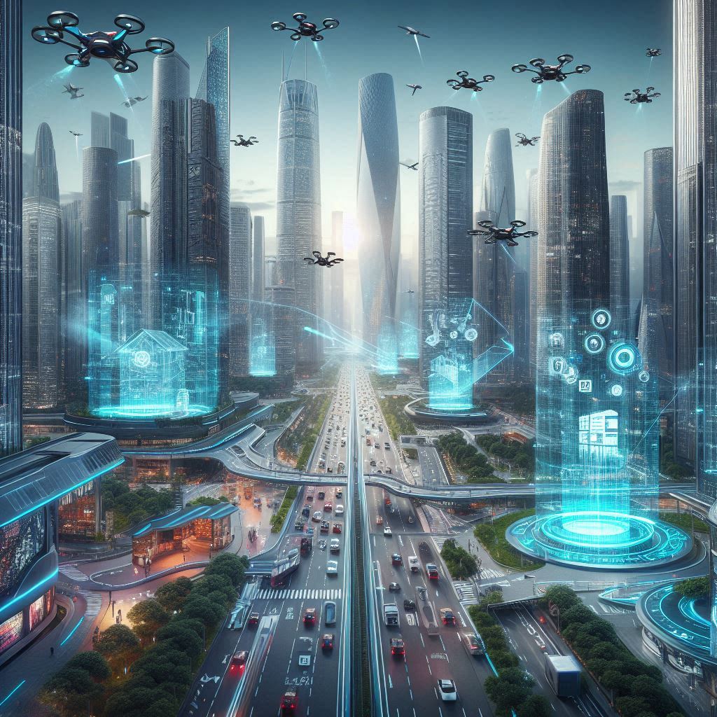 A futuristic city with drones and stunning visual lights