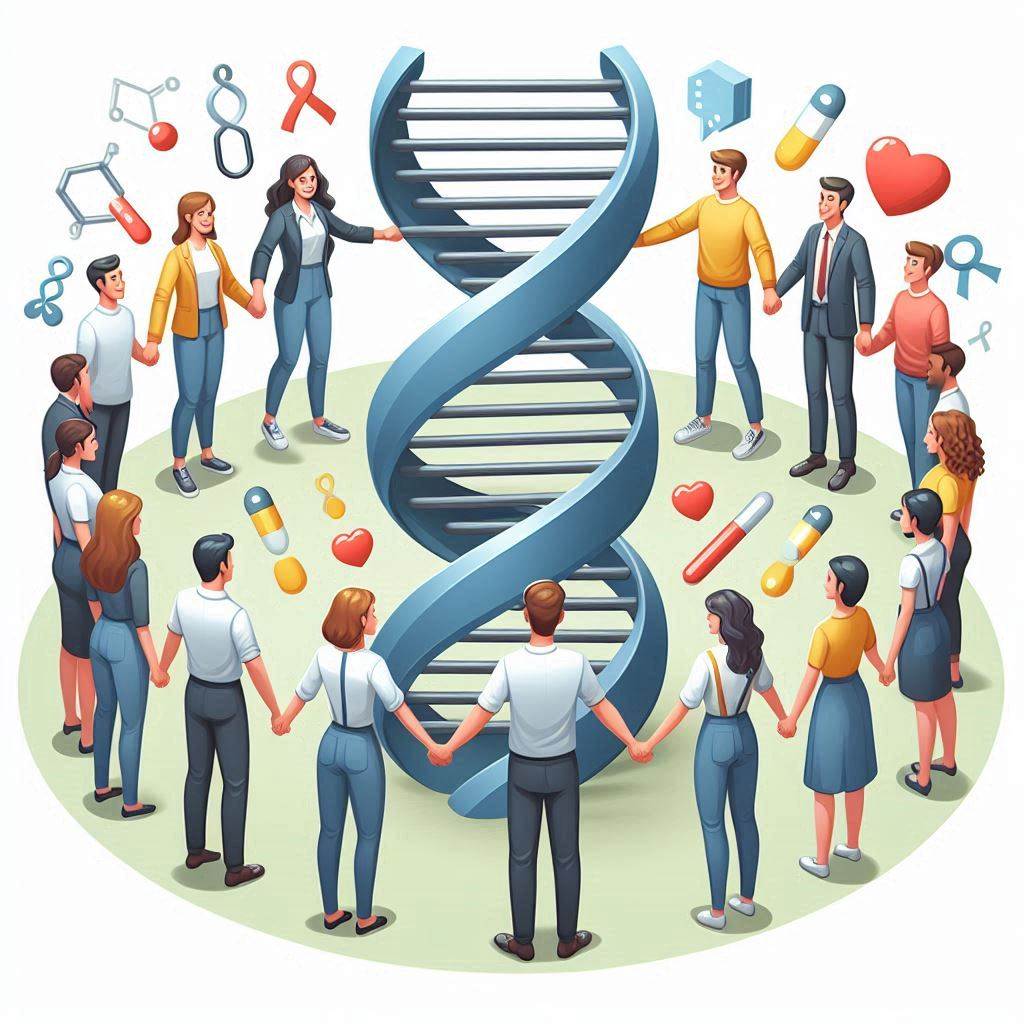 People standing around a strand of DNA holding hands